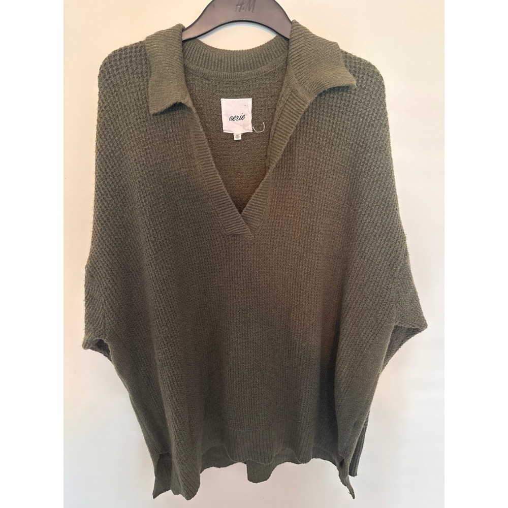 Aerie Oversized Olive Green Polo Collar Knit Sweater Large Batwing V-Neck Top